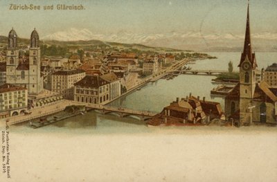 Postkort, der viser en generel udsigt over byen Zürich af German School