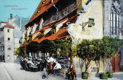 Postkort, der viser Bratwurstglocklein-restauranten i Nürnberg, før 1914 (farvet foto) af German School