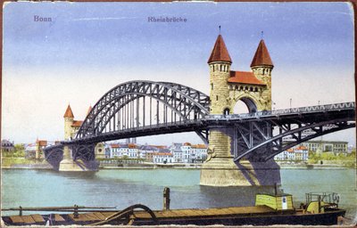 Postkort, der viser broen over Rhinen ved Bonn, ca. 1900 (farvet foto) af German School