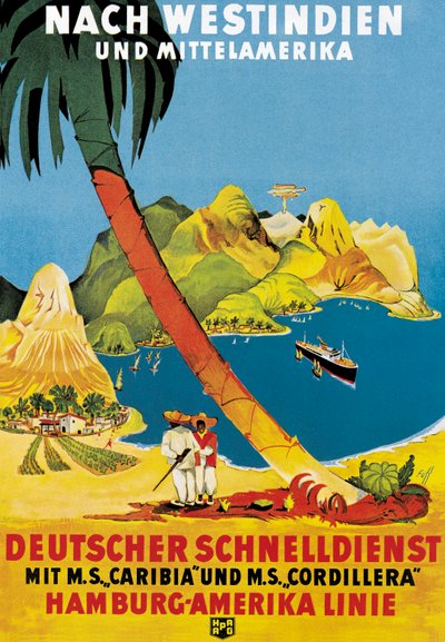 Plakat, der annoncerer Hamburg-Amerika Linie-ruter til Vestindien og Mellemamerika af German School