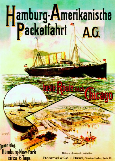 Plakat, der reklamerer for Hamburg American Line, 1893 af German School