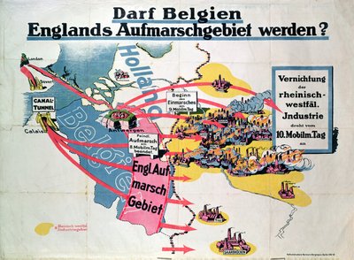 Plakat, der udtrykker tysk bekymring over den foreslåede konstruktion af en Kanaltunnel, der forbinder Belgien og England, ca. 1914-18 af German School