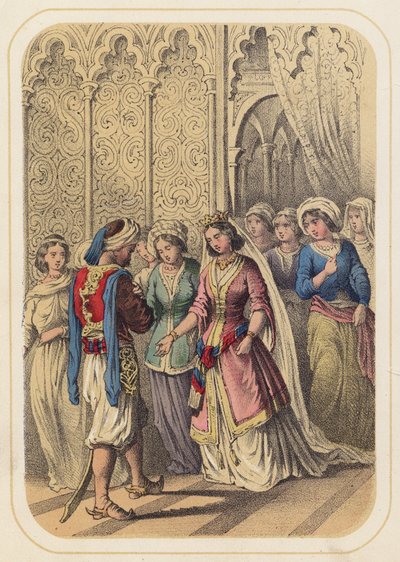 Prins Ahmed og prinsesse Paribanou i en scene fra Tusind og én nat (farve litho) af German School