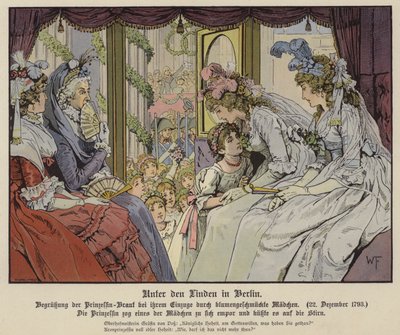 Prinsesse Louise af Mecklenburg-Strelitz kysser en af pigerne ved Unter Den Linden for at hilse på hendes ankomst til Berlin for hendes ægteskab med kronprins Frederik III af Preussen, 22. december 1793 (farve litho) af German School