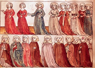 Optog af kvinder fra Boheme. Miniature fra "Krøniken fra Konciliet i Konstanz" af Ulrich Richental (1360-1437) 1438 ca. Prag, nationalbibliotek af German School