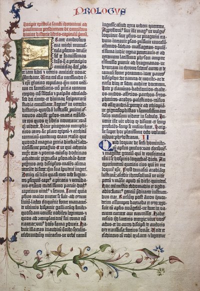 Prolog folio med guld og grønt bogstav "F", og kant af blade, blomster, vinstokke og fugle, 1455 af German School