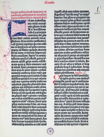 Prolog af Gutenberg-bibelen, trykt af Johannes Gutenberg (ca. 1400-68) & Peter Schoeffer (1425-1502) i Mainz, 1454-56 (trykt papir) af German School