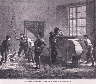 Preussere, der tærsker majs i en fransk skolestue, Cassells History of the War between France and Germany udgivet af Cassell and Company Limited, ca. 1890 (litho) af German School