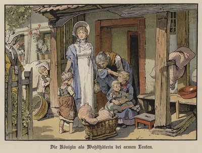 Dronning Louise af Preussen, velgørerinde for de fattige (farve litho) af German School