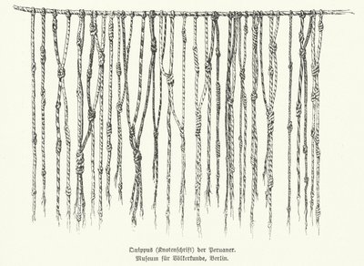 Quipu, midler til at registrere information ved hjælp af knyttede strenge, der bruges af folk i Andesbjergene i Sydamerika (litho) af German School