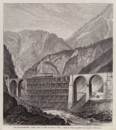 Jernbaneviadukt over floden Fella ved Ponte di Muro, Friuli, Italien (gravering) af German School