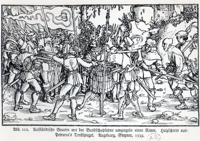 Oprørsbønder, der omgiver en ridder, fra en illustration til Trostspiegel af Petrarch, 1539 af German School