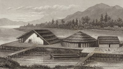 Genopbygning af en gammel sølandsby. Illustration til Bilder-Atlas (gravering) af German School