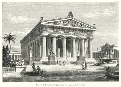 Rekonstruktion af det antikke græske tempel Poseidon, Paestum, Italien (litho) af German School