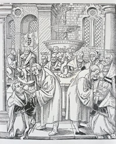 Reformatorerne Martin Luther og Jan Hus administrerer nadver (gravering) af German School