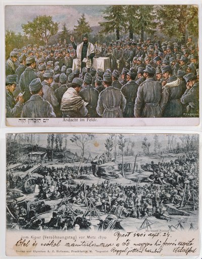 Gudstjenester på slagmarken, øverste billede, der viser tyske jødiske soldater ved bøn under 1. Verdenskrig, under en Yom Kippur-gudstjeneste i Metz under den fransk-preussiske krig i 1870 (colou af German School