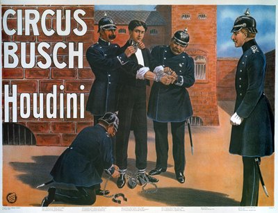 Gengivelse af en plakat fra 1907, der viser Houdini forud for en flugt fra et tysk fængsel af German School