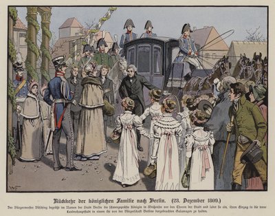 Den preussiske kongefamilies tilbagevenden til Berlin, 23. december 1809 (farve litho) af German School