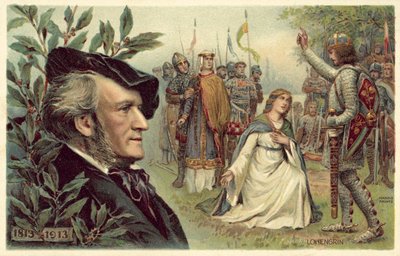 Richard Wagner og en scene fra hans opera Lohengrin af German School