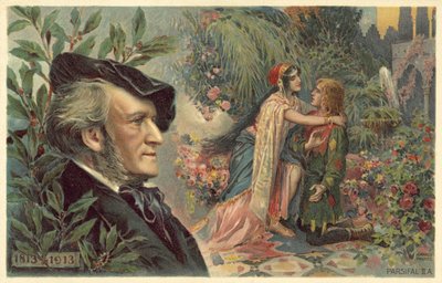 Richard Wagner og en scene fra hans opera Parsifal af German School