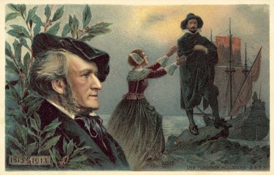Richard Wagner og en scene fra hans opera Den flyvende hollænder af German School
