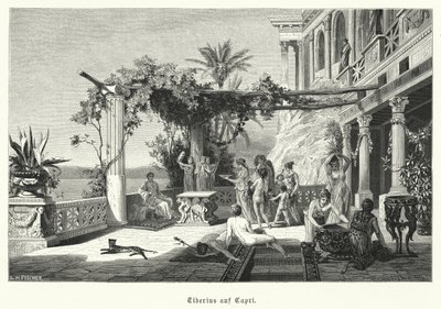 Romerske kejser Tiberius på øen Capri (gravering) af German School
