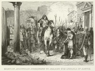 Romulus Augustulus overgiver sig til Odoacer Imperiets Insignia af German School