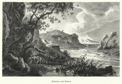 Romulus og Remus, legendariske grundlæggere af det antikke Rom, bliver diet af ulven i ørkenen (gravering) af German School