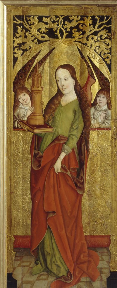 Holy skæg eller skæg det store martyrdød (III århundrede). (Saint Barbara). Iført et tre vinduetårn på en bakke. Maleri af en Westphalia Master (ACTF mellem 1470 og 1480), træ på træ, omkring 1470-1480. Tysk kunst af German School