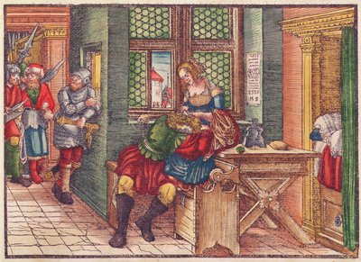 Samson og Delila, fra Lutherbibelen, ca. 1530 (farvet træsnit) af German School