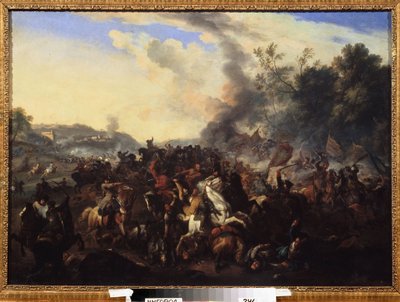 ""kampscene"" Ryttere og heste hobede sig op under et slagsmål. Anonymt maleri fra den tyske skole. 17th Century Regional Art Museum, Uzhhorod, Ukraine af German School
