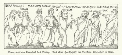 Scene fra Eunuchus (The Eunuch), komedie af den romerske dramatiker Terence (litho) af German School