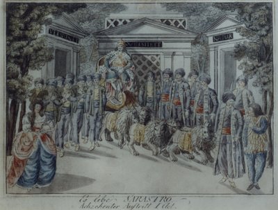 Scene fra Tryllefløjten af Wolfgang Amadeus Mozart (pen & blæk og wc på papir) af German School