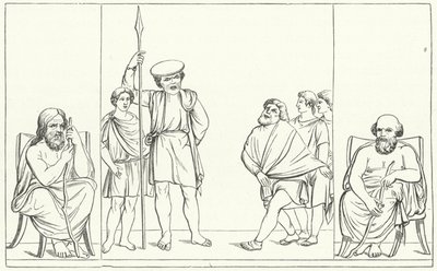 Scene fra et skuespil af den romerske dramatiker Plautus (stik) af German School