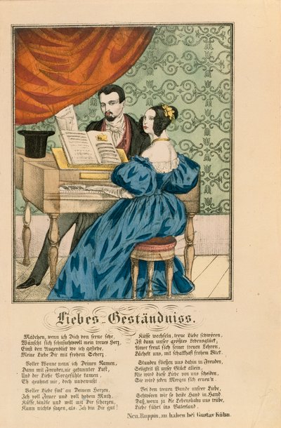 Scene, der viser et par ved klaveret, med et kærlighedsdigt skrevet nedenunder, fra Neuruppiner Bilderbogen, 1850 af German School