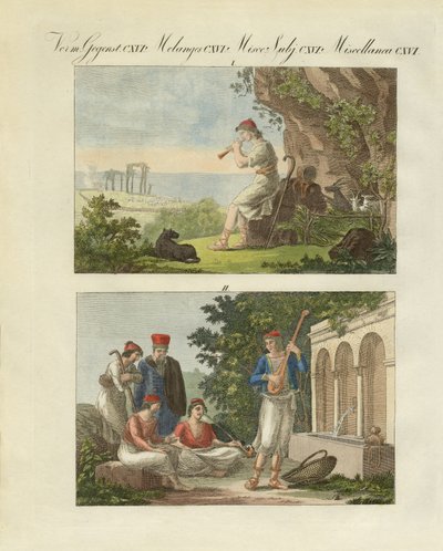 Scener fra Grækenland (farvet gravering) af German School