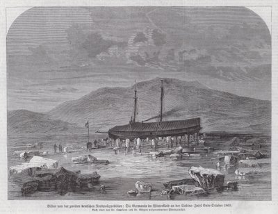 Skonnert Germania på Sabine Island ud for Grønlands østkyst, anden tyske nordpolarekspedition, slutningen af oktober 1869 (gravering) af German School