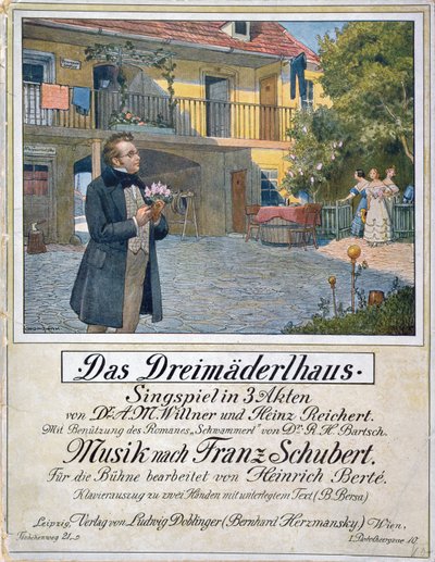 Partitur Cover af Das Dreimaederlhaus (De tre pigers hus) forestillende Schubert foran huset, 1916 af German School