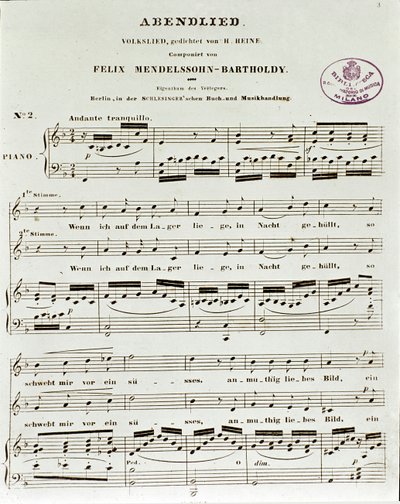 Partiturside af Abendlied af Felix Mendelssohn af German School