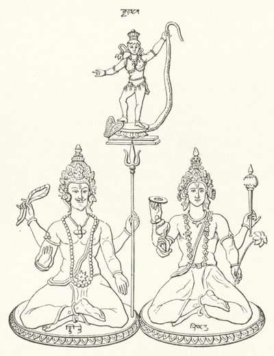 Shiva, Vishnu og Krishna, hinduistiske guder (gravering) af German School