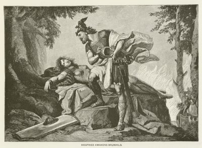 Siegfried vækker Brunhild (gravering) af German School