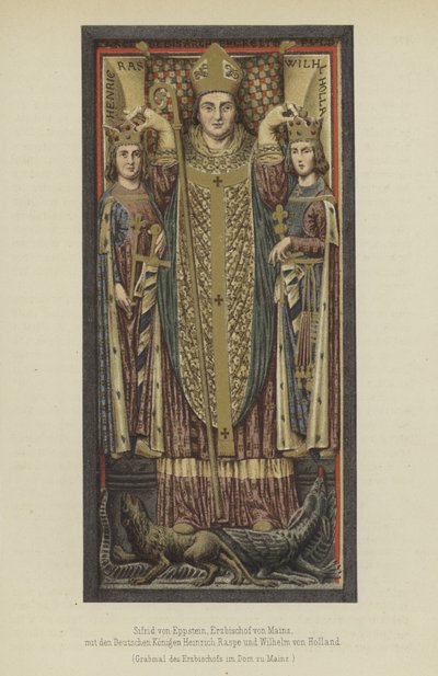 Siegfried von Eppstein, ærkebiskop af Mainz fra 1230 til 1249, med de tyske konger Henry Raspe, landgrave af Thüringen, og William II af Holland, greve af Holland og Zeeland (farve litho) af German School