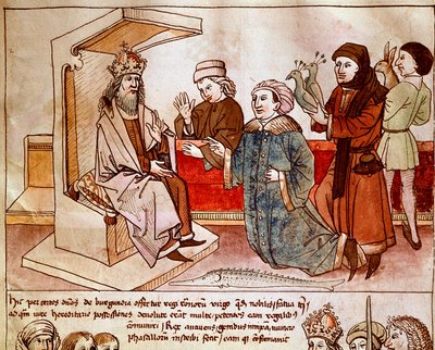 Sigismund I af Luxembourg (1368-1437), kejser af Det Hellige Rige modtager de underdanige folks hyldest. Miniature fra "Krøniker fra Konciliet i Konstanz" af Ulrich Richental (1360-1437) 1438 ca. Prag, nationalbibliotek af German School