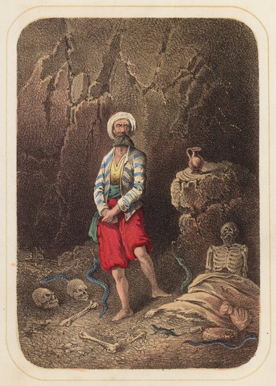 Sømanden Sinbad i en scene fra Tusind og én nat (farve litho) af German School