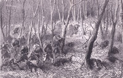 Træfning i skoven uden for Paris, Cassells historie om krigen mellem Frankrig og Tyskland udgivet af Cassell and Company Limited, ca. 1890 (litho) af German School