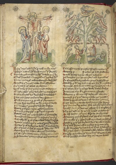 Sloane 361, f.26v Nebukadnezar ser et træ i en drøm; korsfæstelsen, fra 