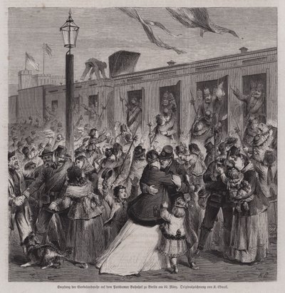 Soldater fra den preussiske Garde Landwehr blev budt velkommen på Potsdam Station, Berlin, ved deres hjemkomst fra den fransk-preussiske krig, 22. marts 1871 (gravering) af German School