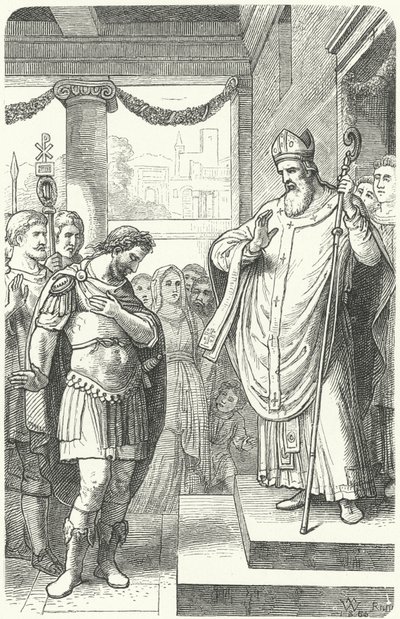 Sankt Ambrosius forhindrer den romerske kejser Theodosius I i at komme ind i Milanos katedral som straf for massakren i Thessalonika, 390 (gravering) af German School