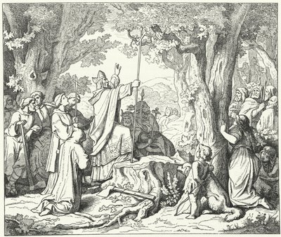 St. Bonifatius, der fælder Donars Eg, hellig for de hedenske tyskere (gravering) af German School