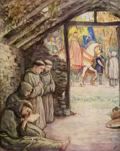 Frans og hans tilhængere i helligdommen i Rivotorto (farvelitografi) af German School